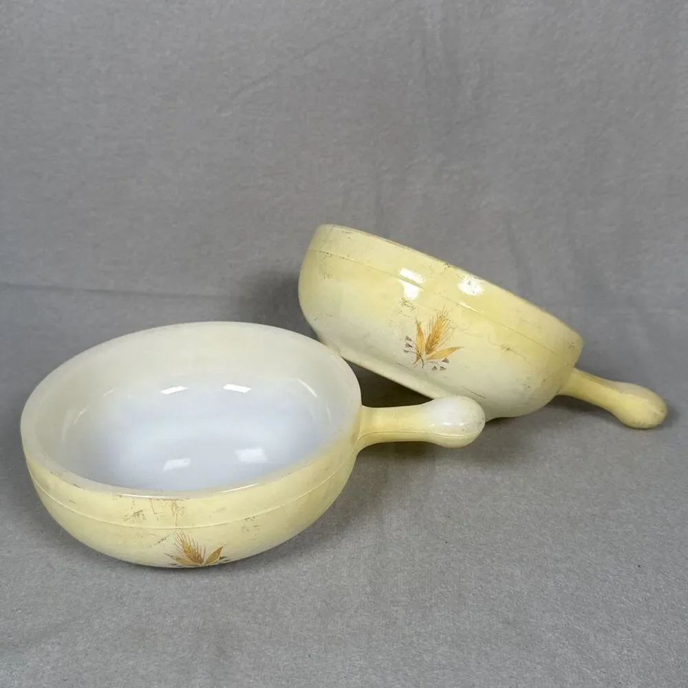 2 Vintage Glasbake Soup Bowls Milk Glass Yellow Wheat Fair Condition